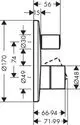 Technisches Zeichnungsdiagramm eines Wandmischers mit zwei Anschlüssen, Maßangaben und Formelementen. Produkt von AXOR, geeignet für Unterputzinstallationen.